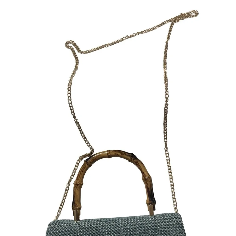Savanna Blue Woven Purse with Bamboo Handle and Gold Tone Chain Strap NWT